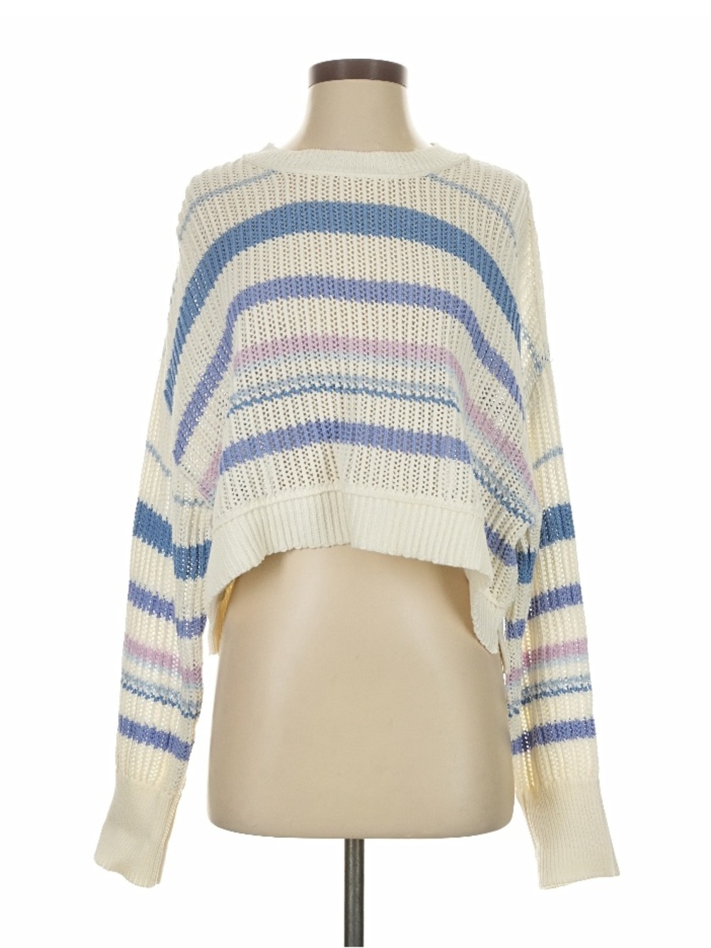 Thread & Supply Cream Cropped Crewneck Sweater with Blue & Lavender Stripes